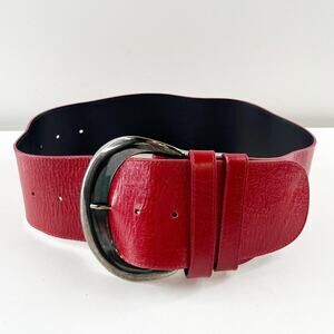 Anne Fontaine Genuine Leather Silver Buckle Adjustable Waist Belt Red